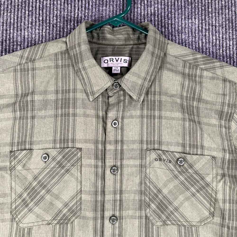 Orvis Shirt Mens Large Green Plaid Short Sleeve Button Up Lightweight Outdoor